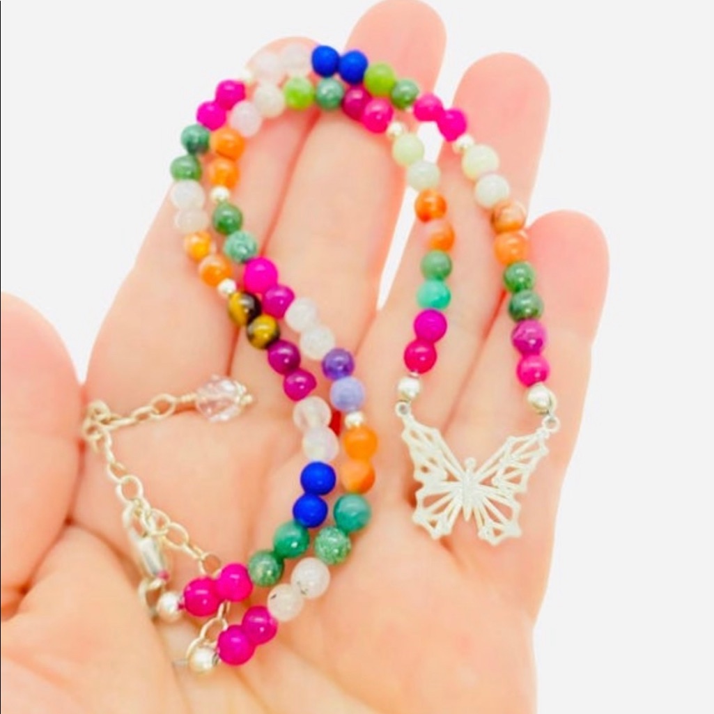 925 Ss Mix Color Jade Butterfly Beaded Necklace
